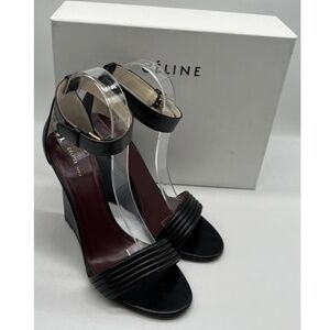 Celine by Phoebe Philo Pre-Fall 2010 Runway Black Leather Open Toe Wedge sz 38.5